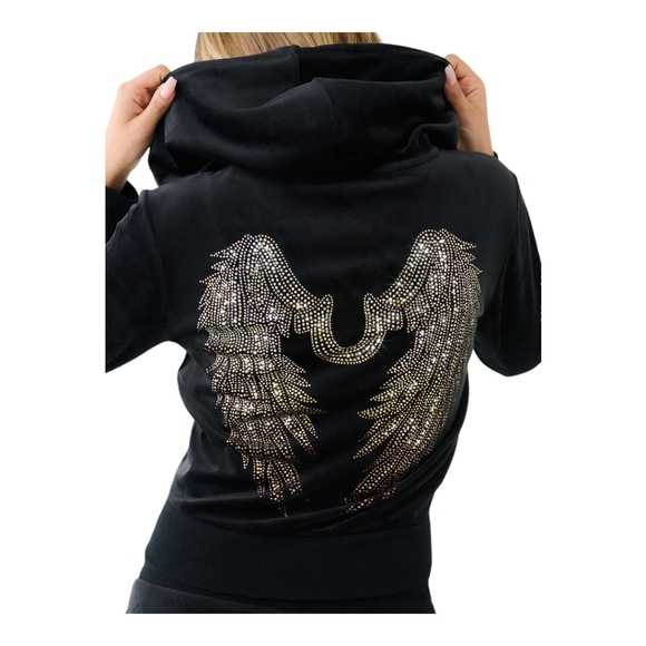 TRUE RELIGION CRYSTAL HS WING VELOUR ZIP HOODIE- BLACK SIZE SMALL - Picture 5 of 11